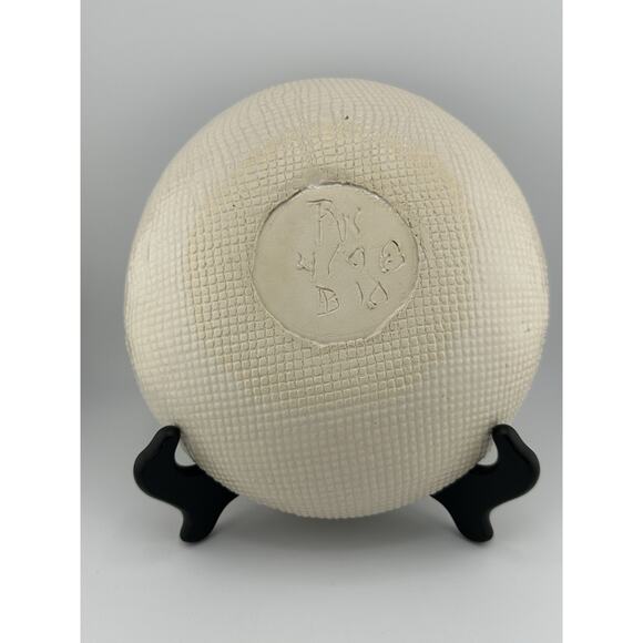 Vintage Hand Made Ceramic Slab Formed Bowl w/ 6 Naplin Rings 1998 Blue Cream - Picture 8 of 10